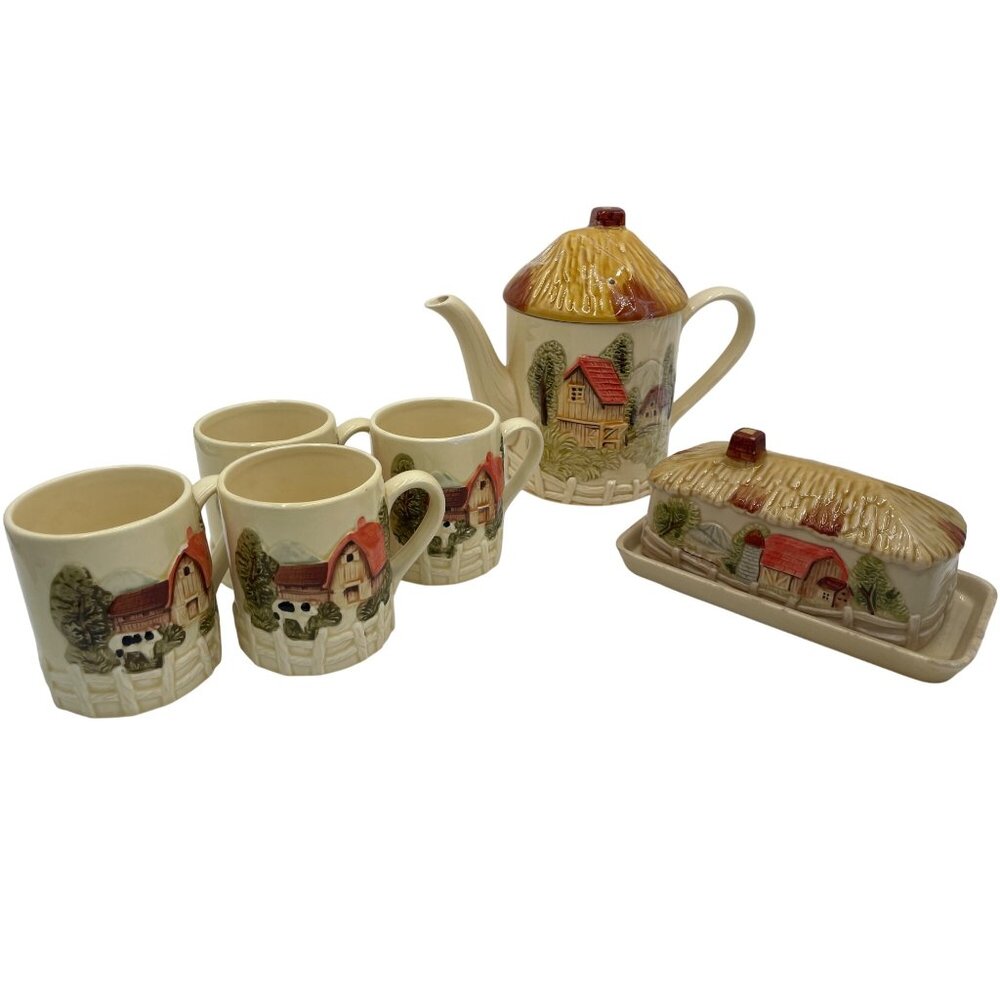 Vintage Cottage Ceramic Tea Set Butter Dish Teapot Farmhouse Mugs Marks Rosenfel